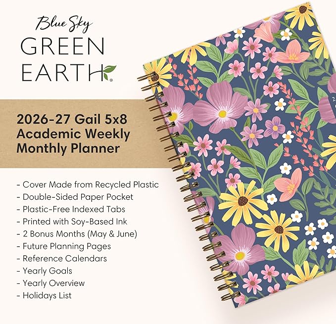 Blue Sky Sustainability 2026-2027 Weekly and Monthly Academic Year Planner Calendar, July 2026 - June 2027, 5" x 8", Flexible Cover From Recycled Plastic, Wirebound, Laminated Tabs, Storage Pocket, Gail