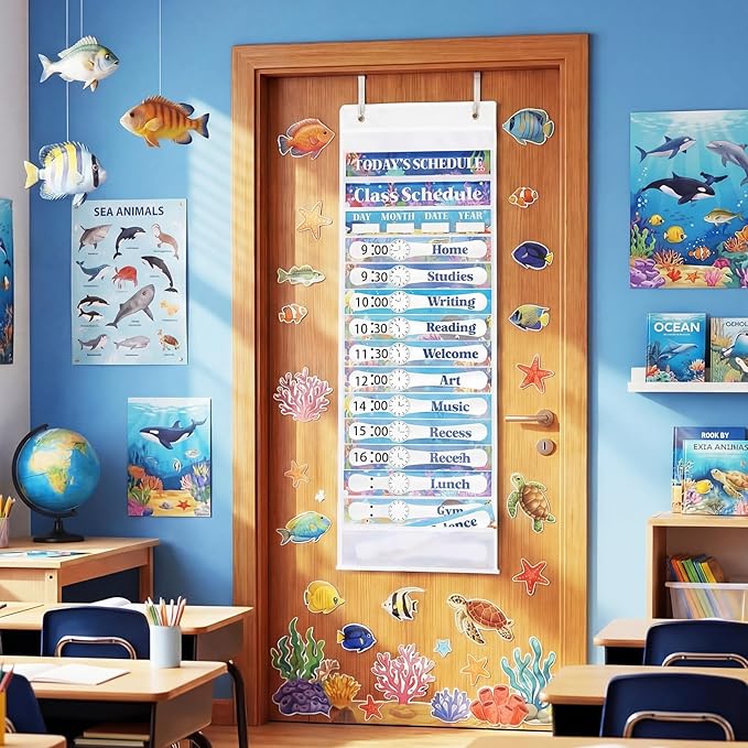 Ocean Daily Schedule Pocket Chart For Classroom Decor With 13+1 Pockets And 42 Designed Schedule Cards, Teacher Supplies For Preschool Classroom Home Office Back To School Decorations