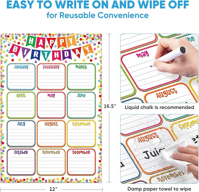 FaCraft Reusable Classroom Birthday Chart Poster - 11.2" x 16.5" Laminated Happy Birthday Calendar for Bulletin Board Stain-Free Dry Erase Teacher Supplies for Elementary & Preschool with 10 Glue Dots