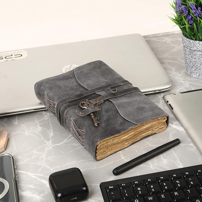 Leather Journal with Deckle Edge Paper 8x6 inch and Vintage Key | Handmade Writing Notebook Diary | Bound Daily Notepad for Men & Women Medium, Sketch/Writing pad for Artists