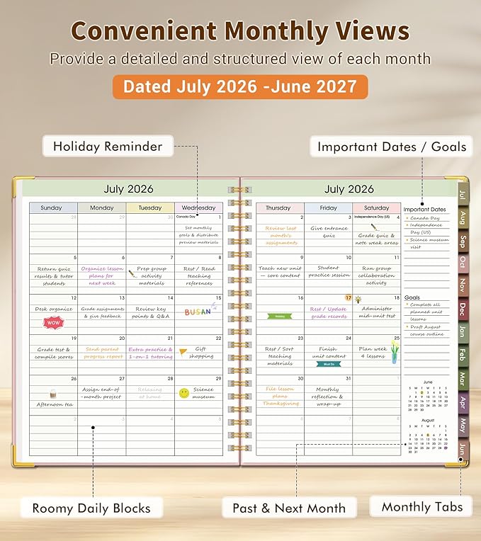 Teacher Planner 2026-2027, July 2026 - June 2027, Academic Weekly & Monthly Calendar Planner with Tabs, 8.5" x 11" A4 Teacher Lesson Plan Book with 7 Periods, Daily Agenda School Organizer for Teacher Student Homeschool, Pink