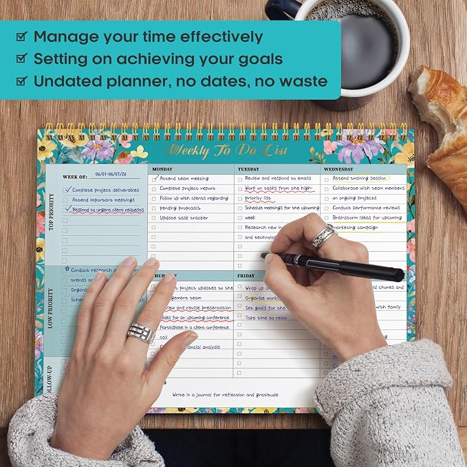 Weekly To Do List Notepad with 52 Undated Sheets（8.5"×11"）- Weekly Desk Planner for Women & Man, Work and Home - Floral