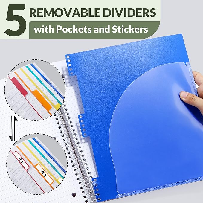SUNEE 5 Subject Notebook College Ruled - 200 sheets (400 Pages), 9"x11", 5 Pocket Colored Dividers, 3-Hole Punched Paper, Sage Green