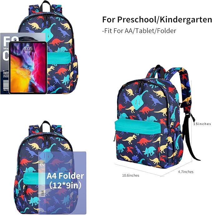 KK CRAFTS Preschool Backpack Kindergarten Little Kids Toddler Elementary School Backpacks for Boys and Girls with Chest Strap(15Inch, Dark Blue Dinosaur)