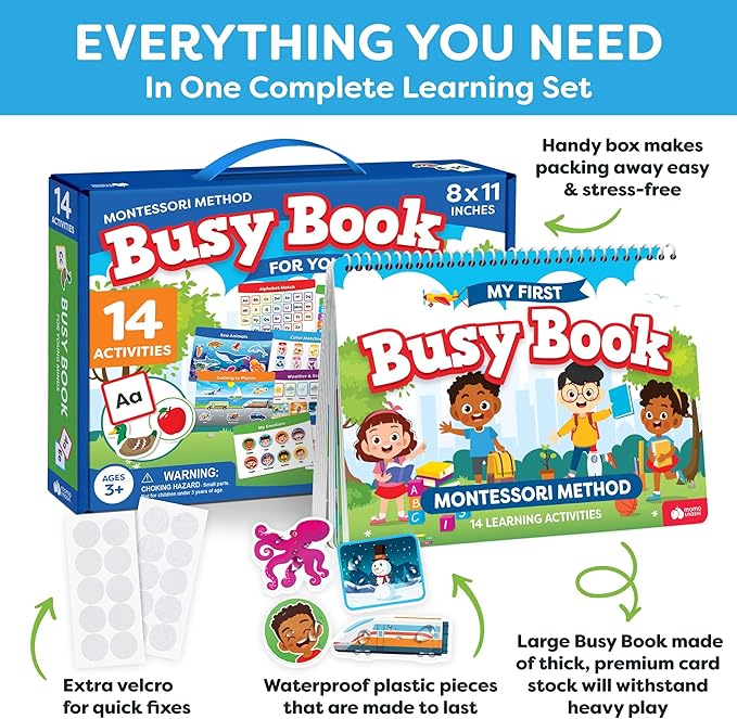 Montessori Preschool Busy Book for Toddlers Ages 3 and Up - Preassembled - Preschool Learning Activities Montessori Educational Toys - Gifts for 3 Year Old Boys, Toddler Learning Toys Activities