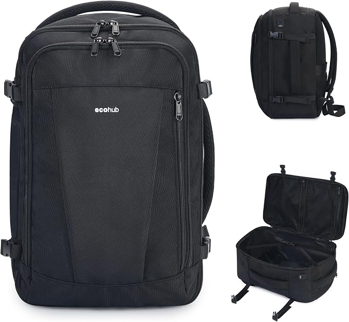 ECOHUB Travel Backpack 18x14x8 Frontier Airlines Personal Item Bag Black | Carry On Backpack with 13 Pockets, Casual Daypack for Men Women Airline Approved Water Resistant Back pack with Charging Port