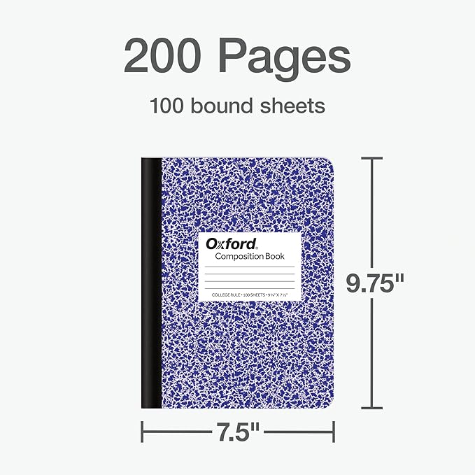 Oxford Composition Notebooks, 9-3/4 x 7-1/2 Inch School Journals, College Ruled Paper, Primary Color Marble Covers, 100 Sheets per Book (1002518),(pack of 24)