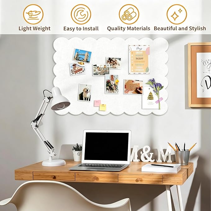 Felt Bulletin Board,36 x 24 Inch White Scalloped Foldable Large Bulletin Board for Wall, Decorative Vision Board & Photo Display (Beige)