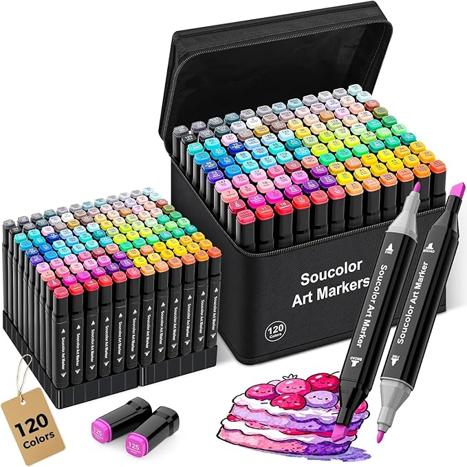 Soucolor Alcohol Markers 120 Colors with Case & Holders, Dual Tips Chisel & Fine Art Markers for Adult Coloring Kids Drawing, Artist Markers Art Supplies for Blending Sketching