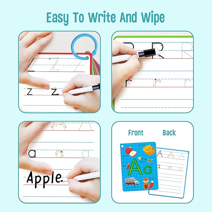 31 PCS Alphabet Flash Cards, Double-Sided Printing Dry Erase Letters Sight Words and Number Learning Cards Letter Tracing Practice Cards for Preschool, Kindergarten (2 Reclosable Rings & 2 Markers)