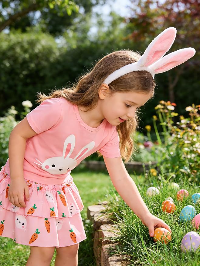Little Girls Skirt Set - 2 Piece Short Sleeve Top Shirred Tiered Skirt Outfit Girls Spring Summer Clothes 3-8 Years