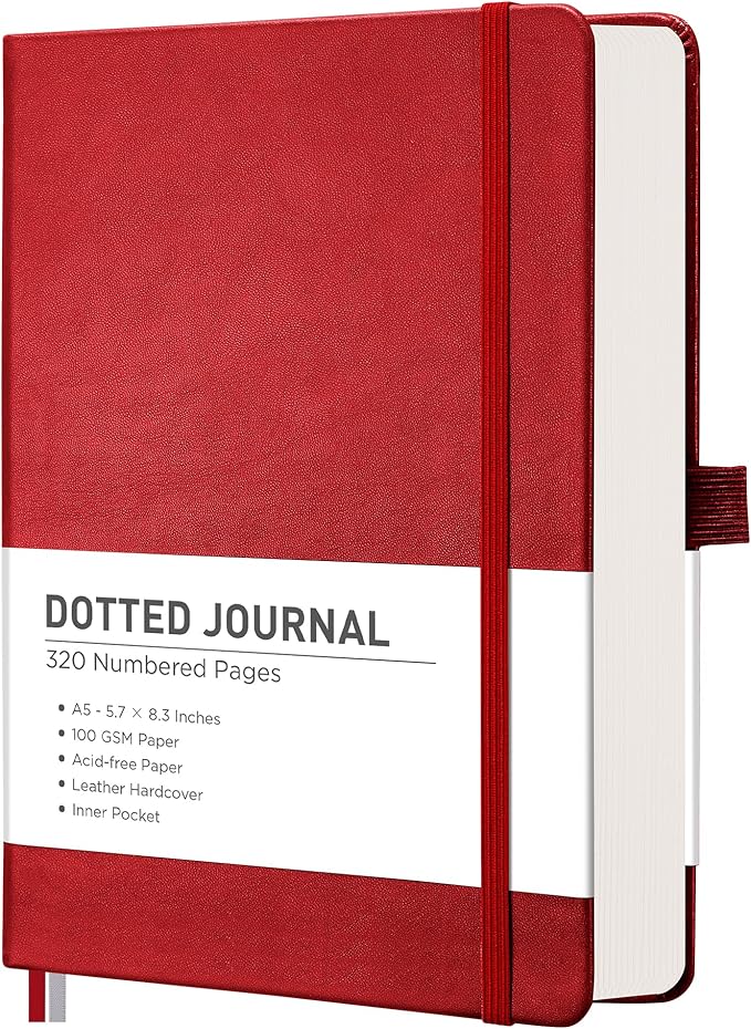 RETTACY Dotted Journal Notebook, 320 Numbered Pages, A5 Medium Size (5.7'' × 8.3''), Leather Hardcover, 100 GSM Thick Paper, for Journaling, Planning, Tracking (Red)