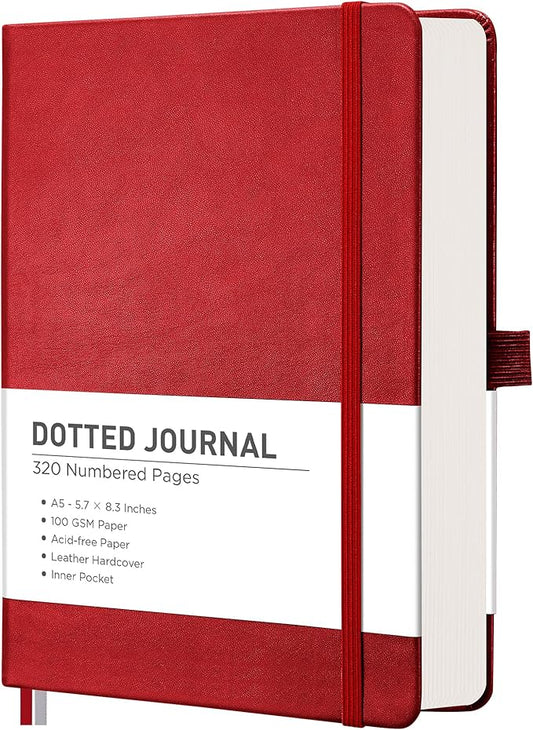 RETTACY Dotted Journal Notebook, 320 Numbered Pages, A5 Medium Size (5.7'' × 8.3''), Leather Hardcover, 100 GSM Thick Paper, for Journaling, Planning, Tracking (Red)
