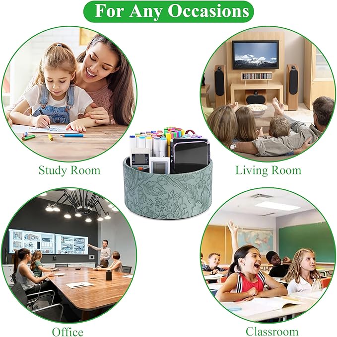 Remote Control Holder, 360°Spinning PU Leather Desk TV Remote Caddy,Desk Storage Box Room Accessories for Controller, Media,Mail,Calculator, Mobile Phone,Pencil(1-Carved Green2)