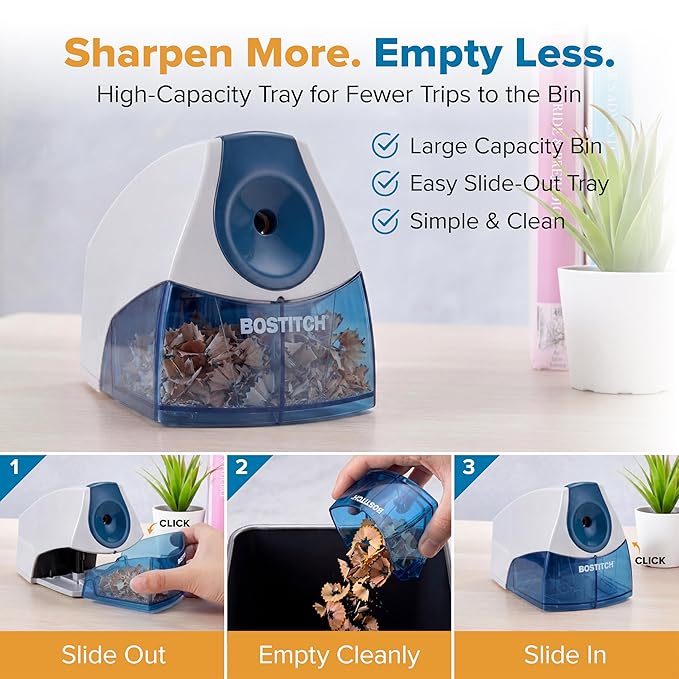 Bostitch Office Electric Pencil Sharpener for Classroom & Desk Use, Heavy-Duty Stall-Free Motor, High-Capacity Shavings Tray, Blue