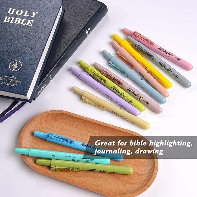 WRITECH Retractable Highlighters Bible Set: Pastel Colors Chisel Tip 12ct | Refillable Marker Pens No Bleed & Smear for Home School Office Highlighting Journaling Drawing Coloring Note-taking Writing