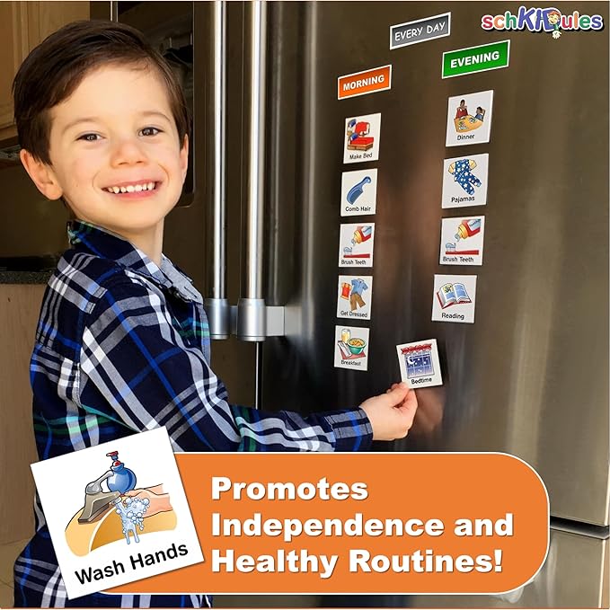 SchKIDules Visual Schedules for Kids 93 Pc Home Collection for Daily Routines: 72 Picture Magnets +21 Headings for Children, ADHD & Visual Learners