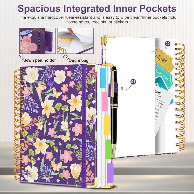 Spiral Journal Notebooks for Work, 300 Pages 5 Subject Notebook College Ruled with Dividers & Tabs, Notebook Journal for Women Students Note-Taking and Organizer (Purple Floral, 8.5''x 11'')