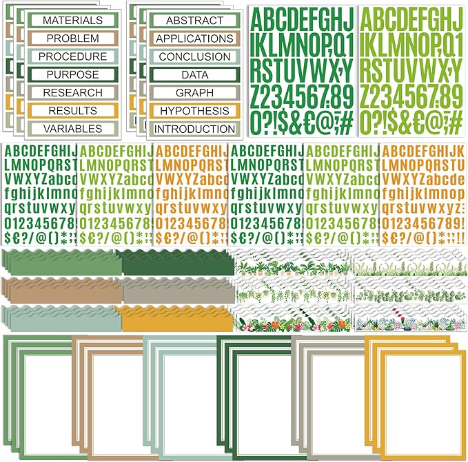 Sinload 92 Pcs Science Fair Board Supplies 60 Trim Scalloped Poster Boards 18 Presentation Subtitles 6 Project Titles 8 Letter Sticker for Classroom Display Boards (Green,Plant)
