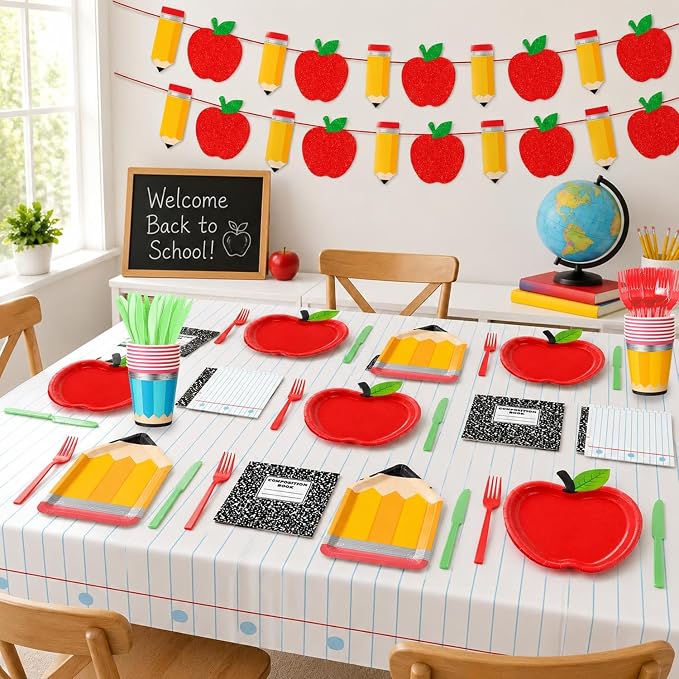 QIYANPAX 122Pcs Back to School Decorations Includes Apple Plates, Pencil Plates, Napkins, Forks, Cups, Banner and Tablecloth for First Day of School Decorations, Serves 24
