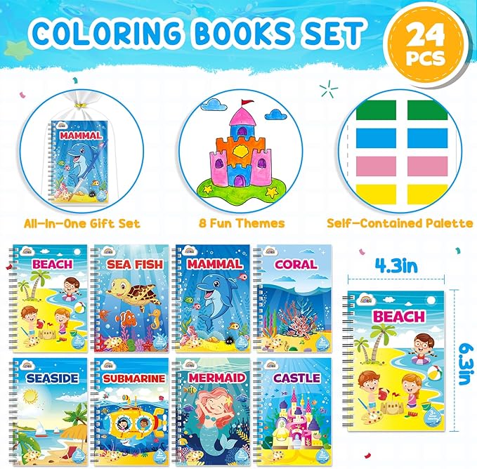 ZMLM 24 Water Coloring Books for Kids Party Favors - Bulk Mini Coloring Books for Kids Ages 4-8,Small Birthday Goodie Bag Stuffers School Teacher Return Gift Art Crafts Classroom Prizes (Ocean)