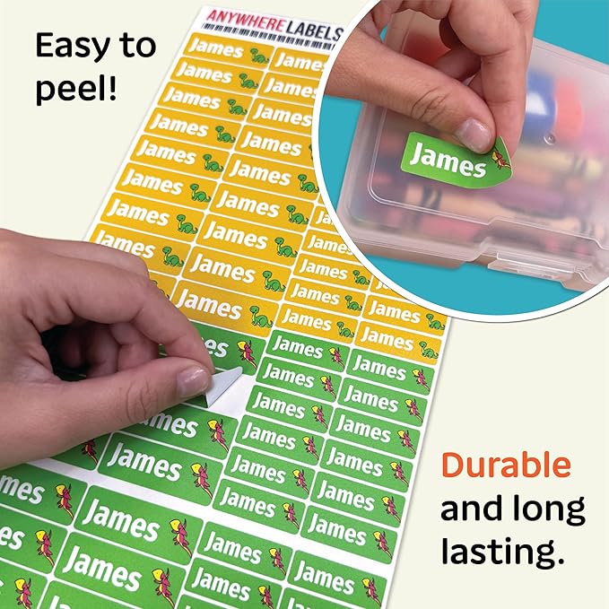 Kids Personalized Name Labels for School, Camp, Daycare (128 Labels) Custom Peel and Stick Waterproof Name Tags Stickers for Water Bottles, Lunch Boxes, Clothing, School Supplies (Dinosaur)