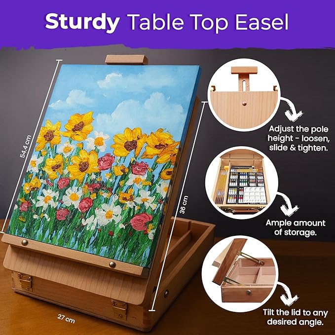 Chalkola 95 Pcs Acrylic Painting Kit for Adults | 64 Acrylic Paint Set, Wood Tabletop Easel, Canvas, Art Brushes, Palette, Knife - Professional Canvas Painting Supplies for Artists & Beginners