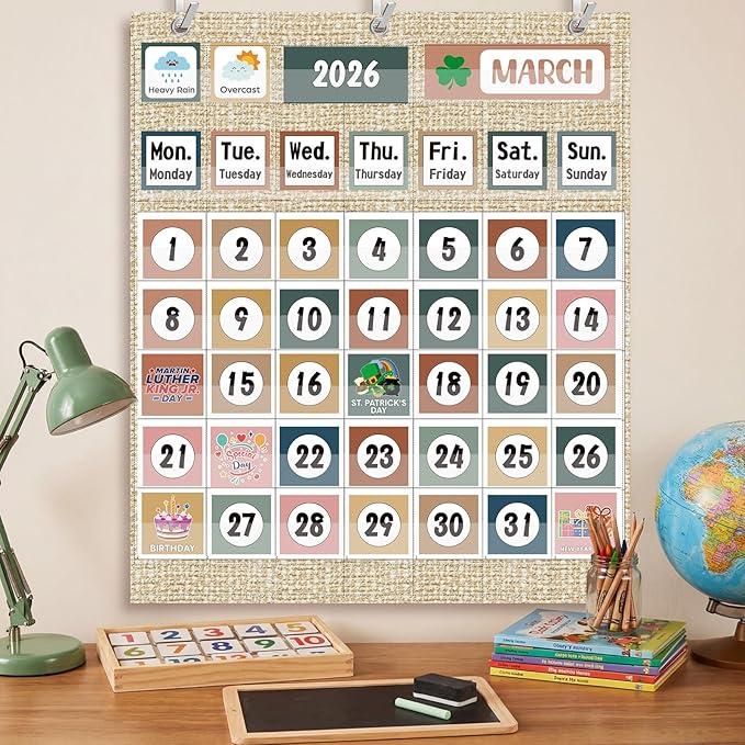 Tinlade Classroom Calendar Pocket Chart Set with 115 Cards 24 x 28 Inch Modern Neutral Calendar Bulletin Board Pocket 2026-2033 Festival Weather Teacher Supplies for Classroom Wall Decoration