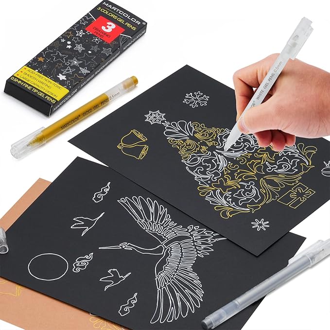 MARTCOLOR Gold Silver White Gel Pens, 0.5mm Extra Fine Point Opaque Archival Ink Pen for Black Paper Drawing, Art Highlight, Illustration, Bullet Journaling, Card Making & DIY Projects, 3 Pack