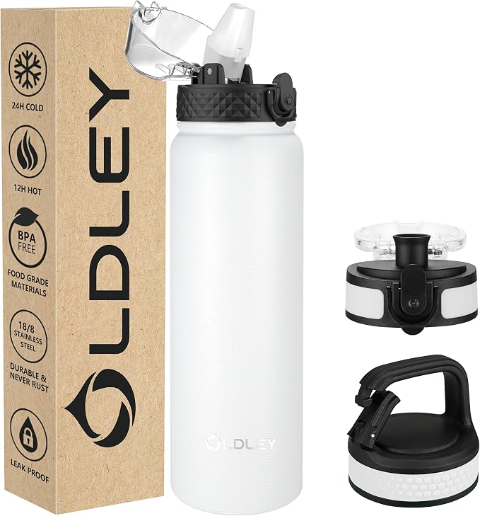 Oldley Insulated Water Bottle 32oz Water Bottles with Straw, Stainless Steel Water Bottle with 3 Lids, Double Wall Vacuum Bottles for Adult Kids, Sports Bottles for School Travel,White