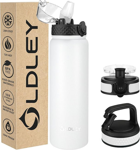 Oldley Insulated Water Bottle 32oz Water Bottles with Straw, Stainless Steel Water Bottle with 3 Lids, Double Wall Vacuum Bottles for Adult Kids, Sports Bottles for School Travel,White