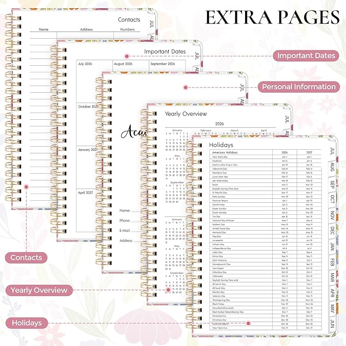 KONVINIT Academic Planner 2026-2027, 12 Months 2026-2027 Monthly Planner - July. 2026 to June. 2027, Daily Planner 2026 with Tabs for Student & Teacher, A5 (6.1" x 8.5") Week Planner for Home, Office, School Supplies, Tiny Floral Print