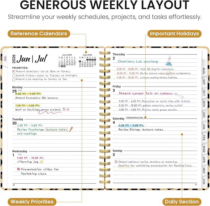 Planner 2026-2027, Academic Year Monthly and Weekly Calendar Planner, Jul 2026 - Jun 2027, Hardcover Teacher Student Planning Agenda book with Tabs, Perfect for School Office Supplies, 6.3" x 8.5" - Leopard