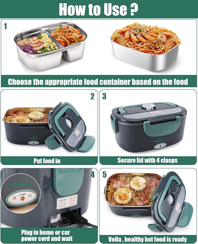 Buddew Electric Heated Lunch Box, 80W Fast Heating with Dual 1.5L Food-Grade 304 Stainless Steel, 12V/24V/110V Portable Food Warmer for Car Truck Office Adults, Lonchera Electrica Portatil (Green)