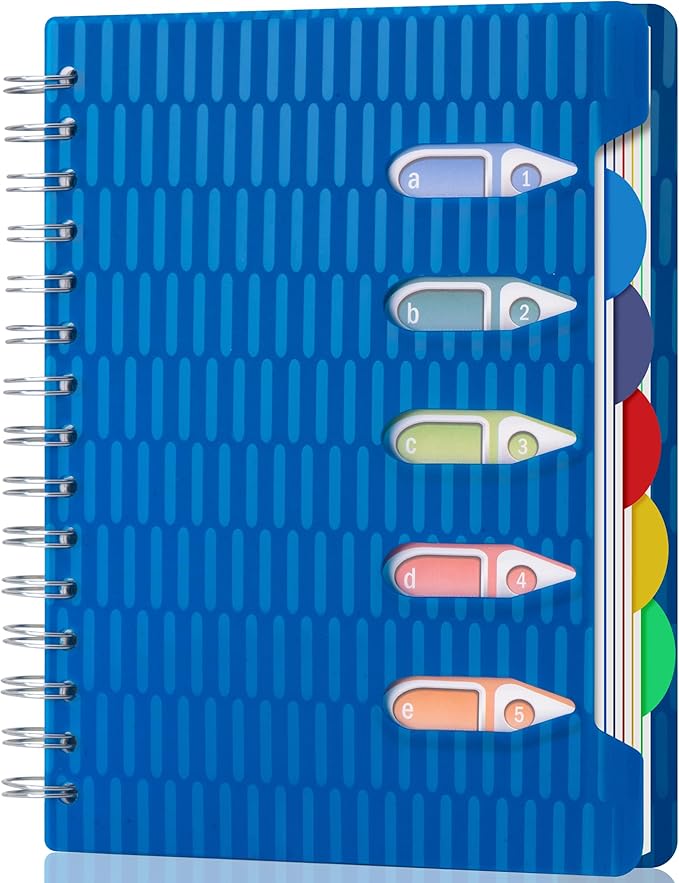 CAGIE 5 Subject Notebook with Dividers, 240 Pages Spiral Notebook 5x7, Small Spiral Notebook Journals for Women Men,100gsm Lined Journal Notebooks with Tabs for Work, School,Office, Note Taking, Blue