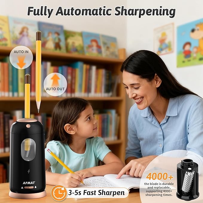 AFMAT Electric Pencil Sharpener, Auto in & Out, Fully Automatic Pencil Sharpener, Rechargeable Hands-Free Sharpeners for Jumbo & Colored Pencils (7-11.5mm), Good for Classroom/Home/Office PSC8(Black)