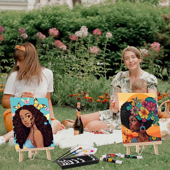Cholemy 36 Pcs Paint and Sip Kit for Adults 8''x10'' Pre Drawn Canvas for Painting DIY Afro Acrylic Painting Kit Wood Easel Brushes Date Night Bulk for Father's Day Party Gifts(Flowers Woman)