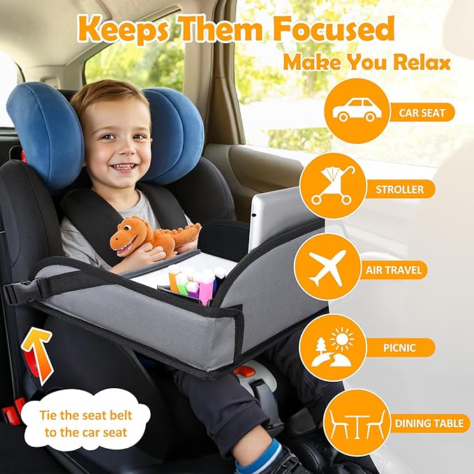 Kids Travel Tray for Toddler Carseat, Road Trip Activities Essentials, Kids Lap Desk Tray with Tablet Holder Stand and Dry Erase Board, Grey