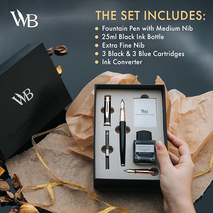 Wordsworth & Black Fountain Pen Set, 18K Gilded Medium and Extra Fine Nib, 25ML Black Bottle, 6 Ink Cartridges, Refill Converter, Smooth Writing Pens [Black Rose Gold], Gift Set for Men and Women