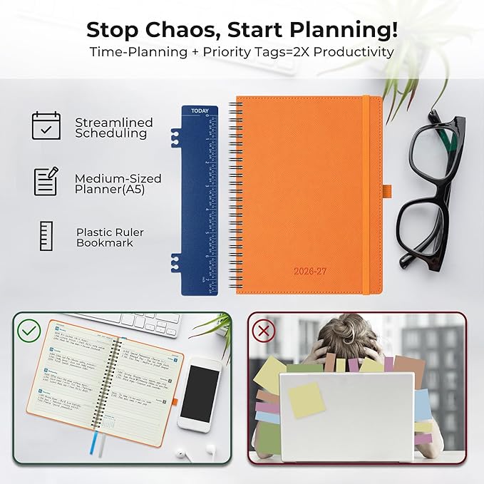 Planner 2026-2027 Daily Weekly and Monthly,8.5"x6.5",18 Months Spiral Bound Calendar Agenda with Self-adhesive Pen Holder,2026 Academic Plan with Vegan Leather Soft Cover,Orange