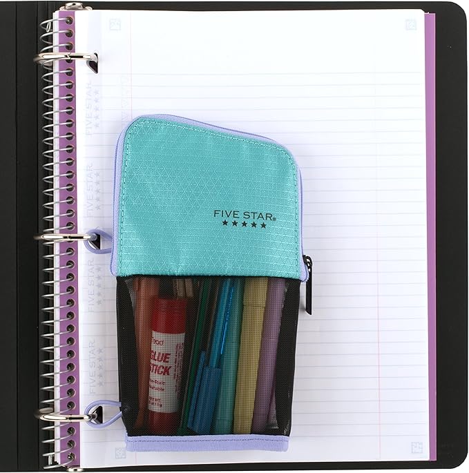 Five Star Pencil Pouch, Pen Case, Stand 'N Store Zipper Pouch, Fits 3-Ring Binder, Storage Organizer for School Supplies Earbuds Chargers Cables Makeup, Teal/Berry (500209F-ECM)