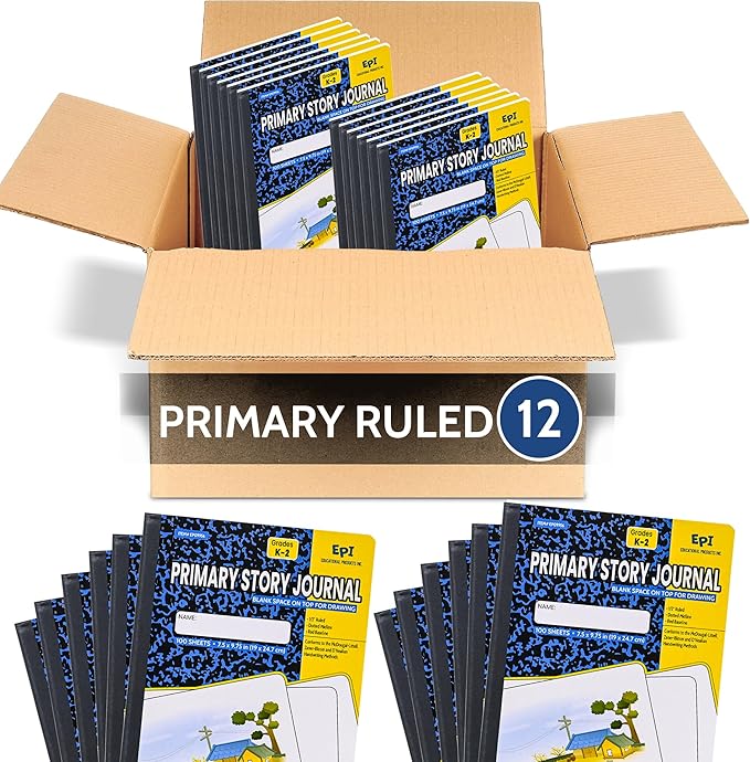12 Pack - EPI Primary Ruled Composition Notebook Black - 200 Pages (100 Sheets), 9-3/4 x 7-½ - Classroom Back to School Supplies, Heavy Duty, Durable Hardcover Office Notebooks, Sewn