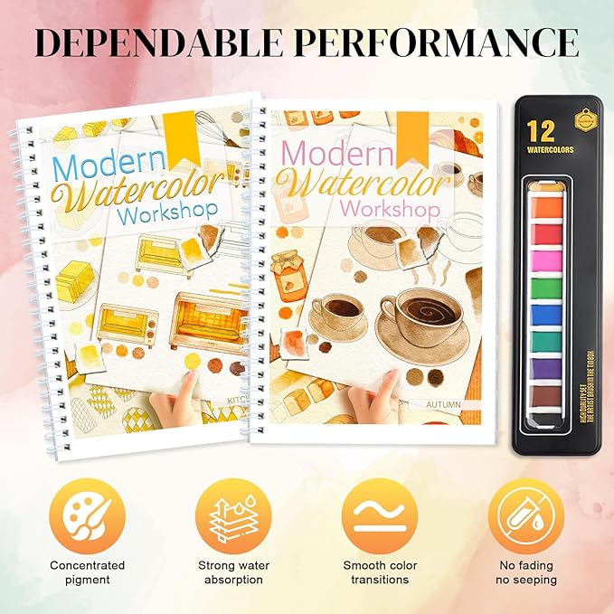 2-Pack Beginner Watercolor Workbooks: 24 Coloring Pages + 12 Watercolor Paints + Brush – 300gsm/140lb Paper – Gift for Women, Adults & Beginners (Autumn & Kitchen)