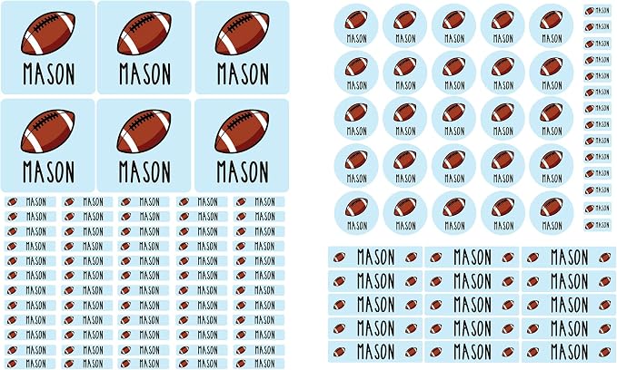 Andaz Press Custom Personalized Waterproof School Name Labels, Football, 120-Pack, Kids Labels Combo Pack, Customizable Multi-Use Name Stickers for Preschool, Daycare, Supplies, Office, Water Bottle