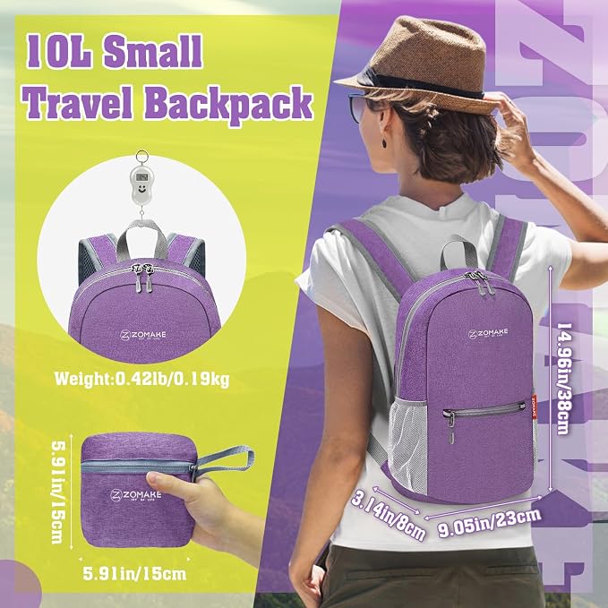 ZOMAKE Lightweight Packable Backpack, 10L Small Foldable Daypack for Hiking | Water Resistant Collapsible Backpacks for Women Men,Everyday Carry,Multi Compartment Storage,Adjustable Strap(Light PurpleA5)