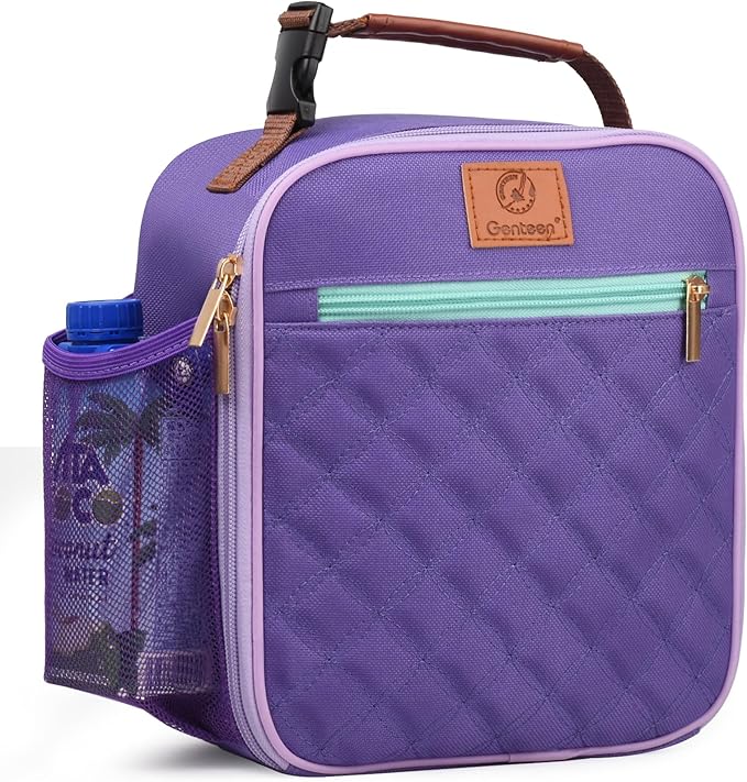 Genteen Kids Lunch Box, Lunch bag for Girls Teen,Insulated Soft Mini Cooler with Bottle Holder, Lightweight Reusable East-Clean LunchBox Back to School-Purple