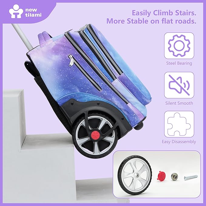 NEW TILAMI 20" Rolling Backpack for Teens Adults, Climbing Stairs Waterproof Backpack with Wheels for School Business Trave Camping with Laptop Compartment, Fit 17 Inch Laptop, Purple - Blue Fade