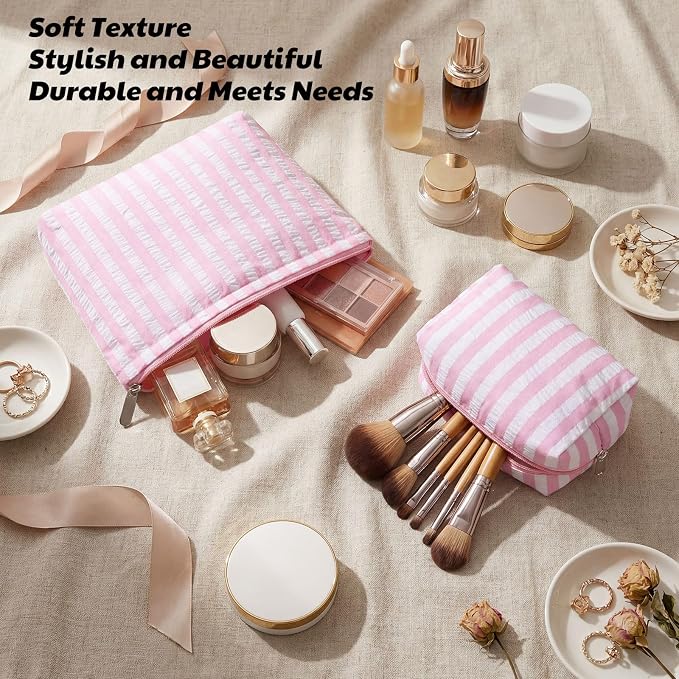 Huhumy 2 Pcs Makeup Bag Set for Women, Pink, Wide Striped Seersucker | Cute Cosmetic Pouch Women Travel Toiletry Bag Preppy Small Makeup Purse Pouch Aesthetic Skincare Brushes Storage Organizer