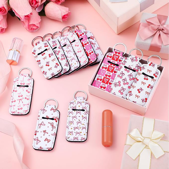 12 Pcs Pink Bow Cherry Lipstick Holder Keychain Bulk Cute Pocket Lip Balm Holder Keychain Backpack Purse Accessories for Women Lip Gloss Sleeve Pouch, 6 Style