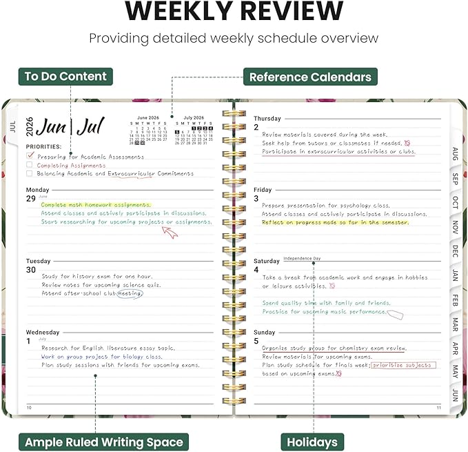 Planner 2026-2027, Academic Planner Weekly and Monthly, Jul 2026 - Jun 2027, Spiral Bound School Planning Tool with Tabs and Pocket, Perfect for Students & Teacher, 6.3" x 8.5", Iris Peony